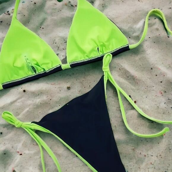 Black Green High Waisted Triangle Halter Top Cheeky String Bikini SMALL A-C Cup - Picture 3 of 7